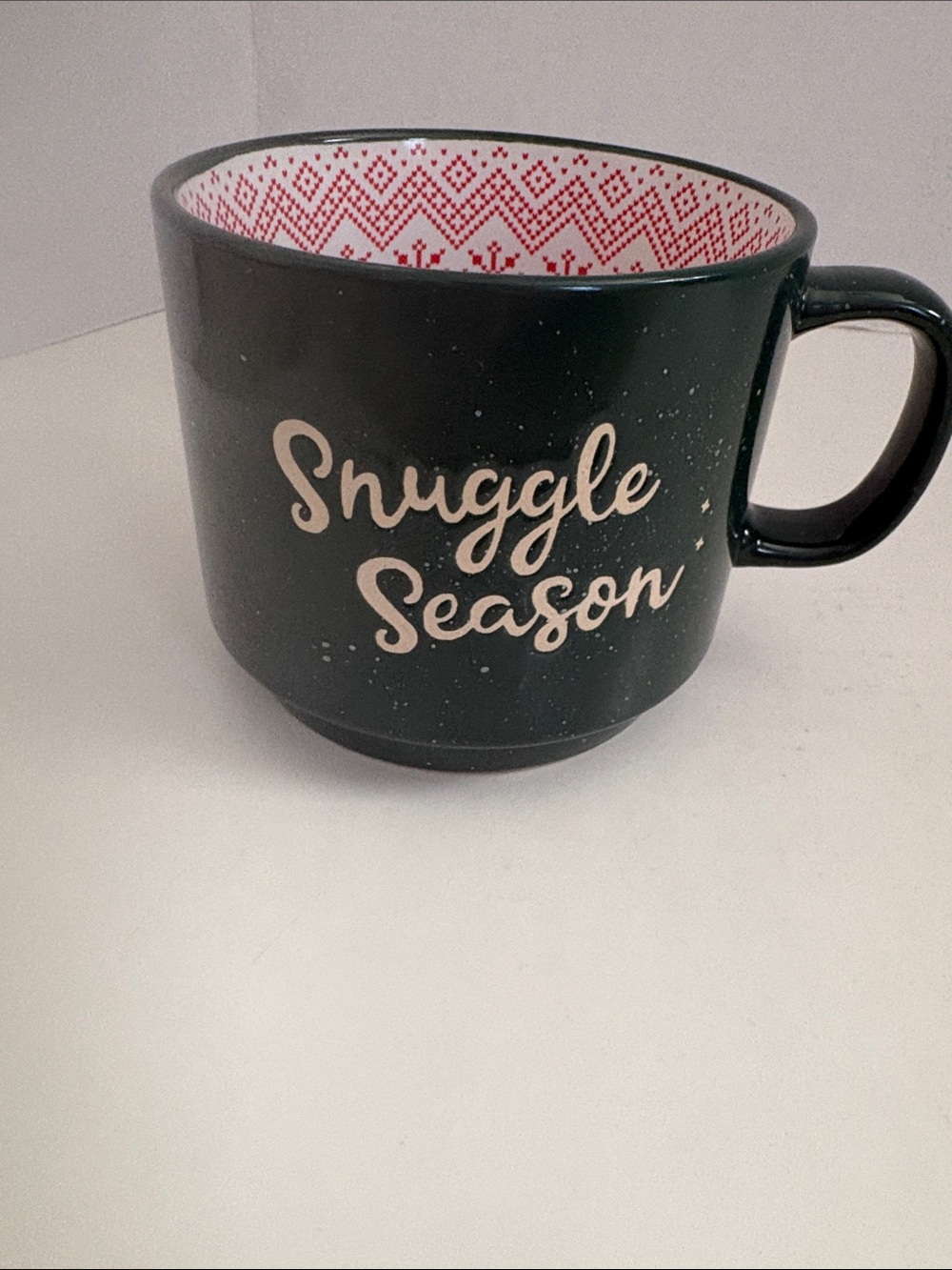Black 'Snuggle Season' Ceramic Mug with Red Patterned Interior